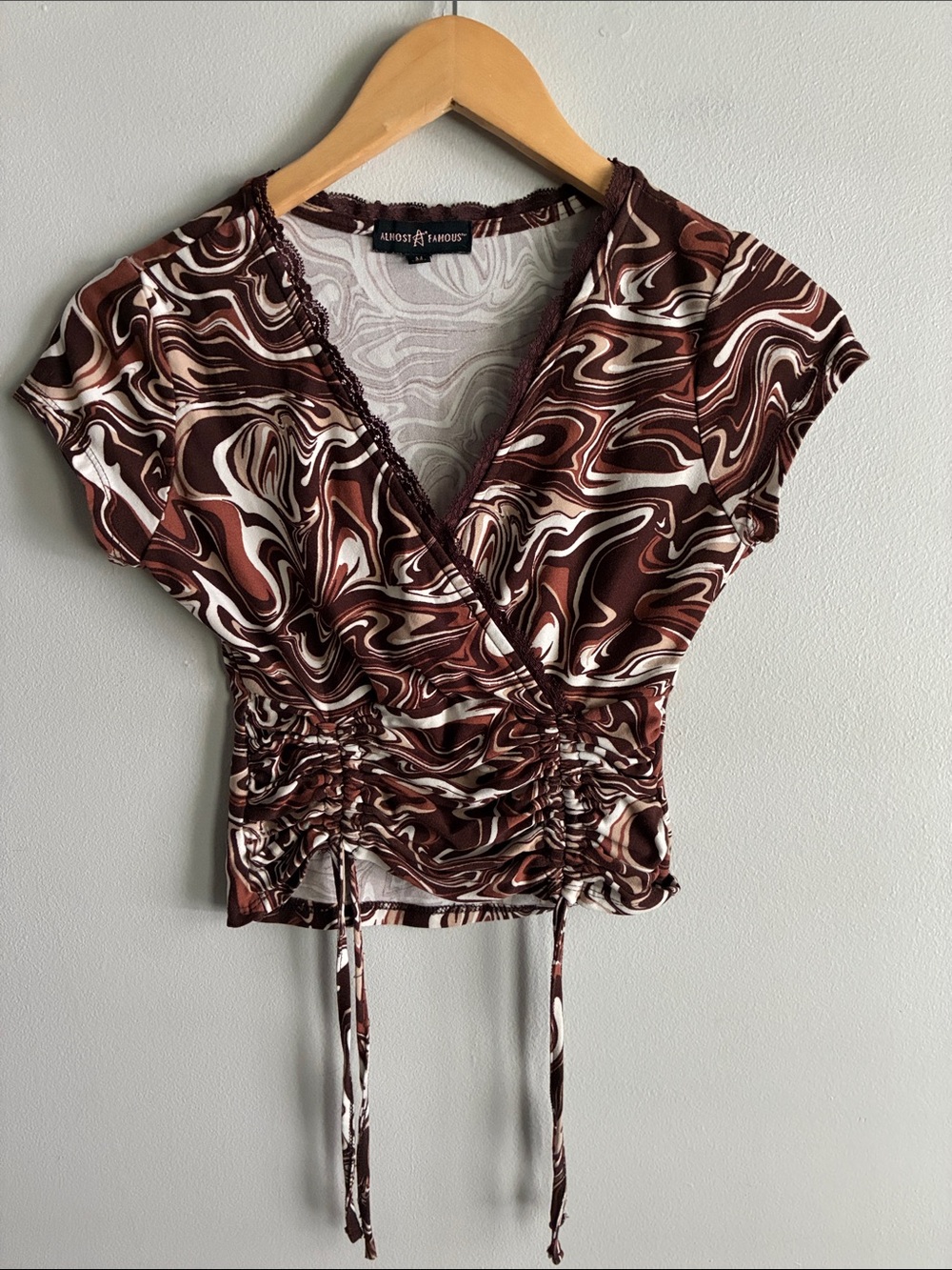 Almost Famous Y2K Brown Marble Print Ruched Crop Top Size M